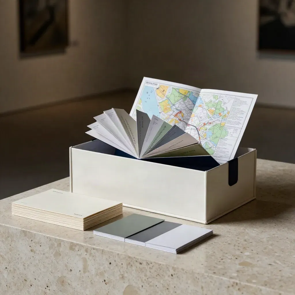 Premium launch kit box with market map, message cards, mailer set and swatch booklet.