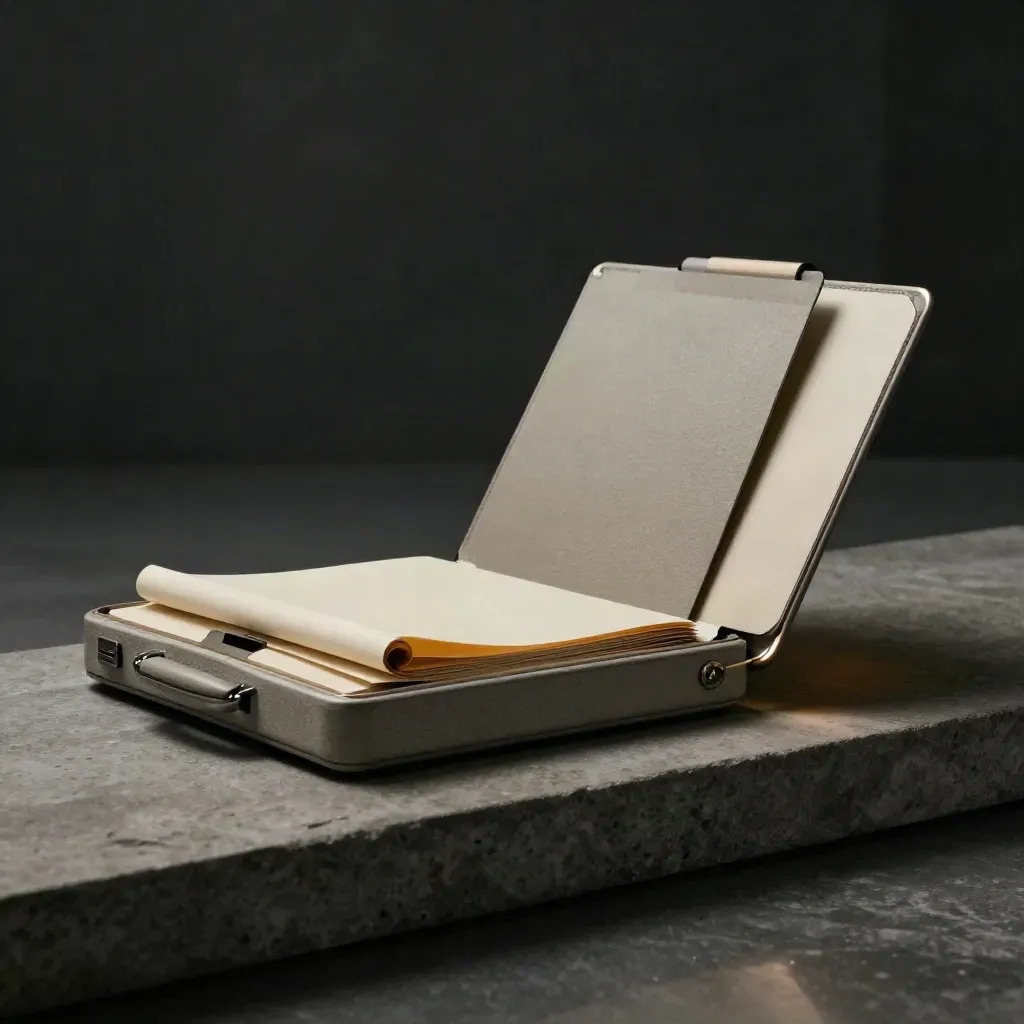Slender launch case, rolled plan, and matte folders on a stone ledge in dramatic low light.