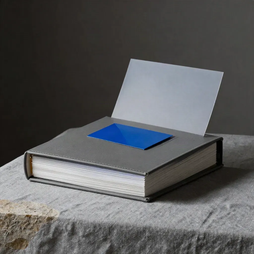 Embossed strategy binder with translucent dividers and blue swatch on ash-grey linen.