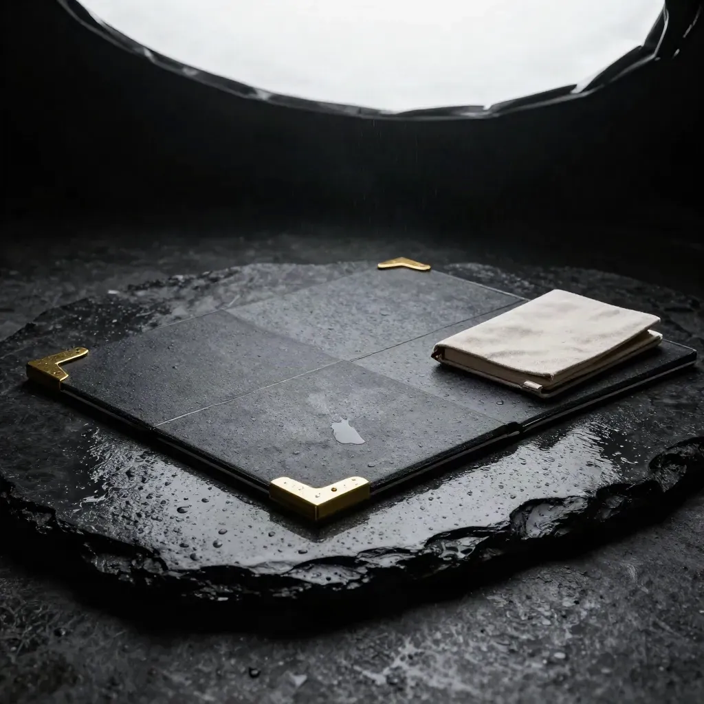 Folded strategy board over wet basalt with brass clip, markers, notebook and rain mist.
