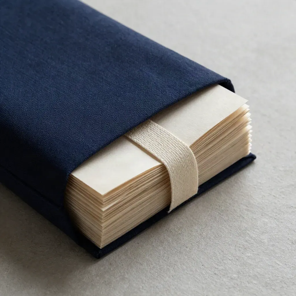 Overhead macro of a cream copy pack in a navy linen sleeve with inserts and a bookmark strip.