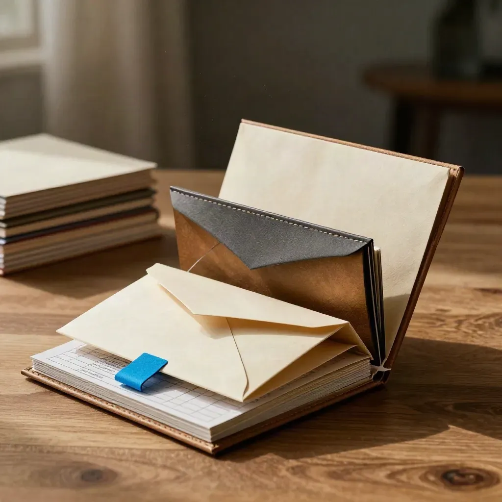 Premium launch campaign planning kit open on oak with blue accent and layered paper inserts.