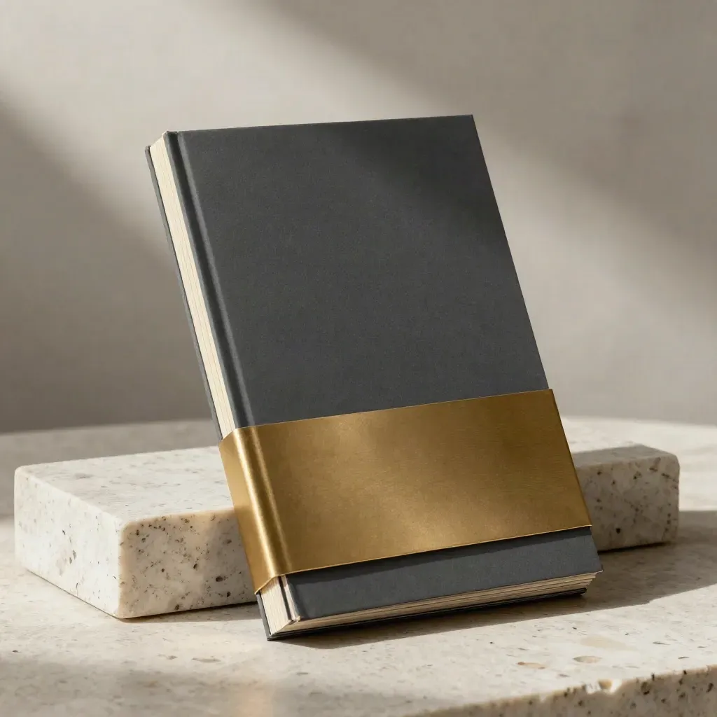 Plain sales deck with warm-gold band and sample slides on travertine stone, overhead editorial flatlay.