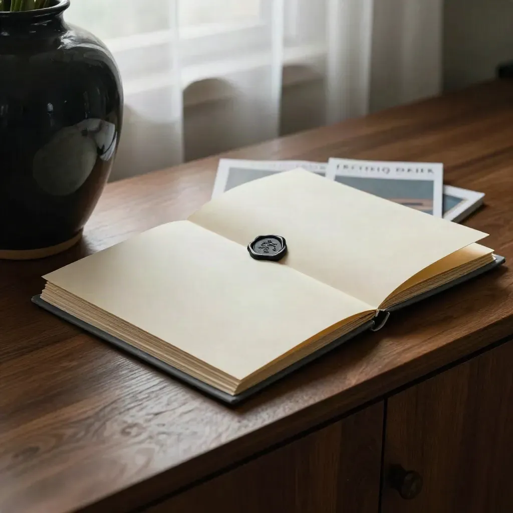Partner outreach folder with cards and sealed sleeves beside a dark ceramic vessel on walnut