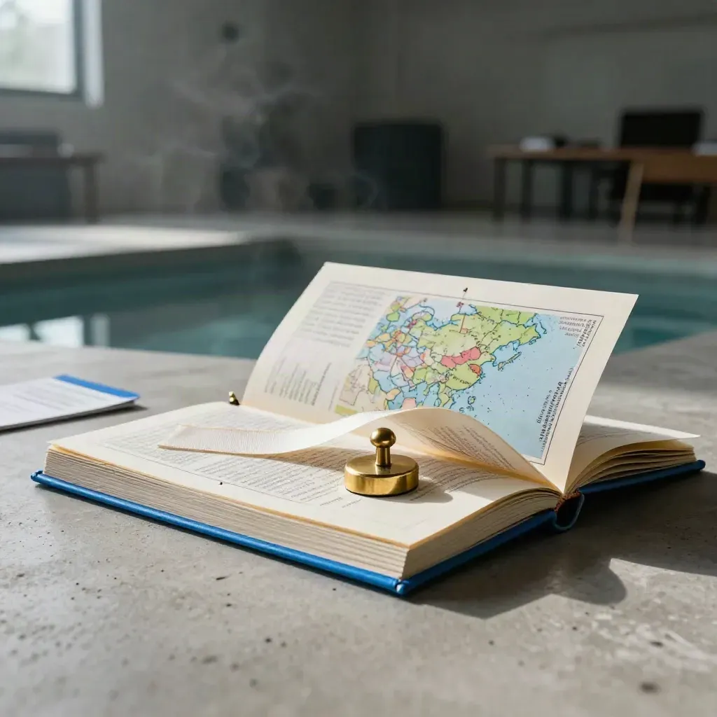 Asia growth brief booklet with folded map ribbon and brass weight on pale concrete in humid haze.
