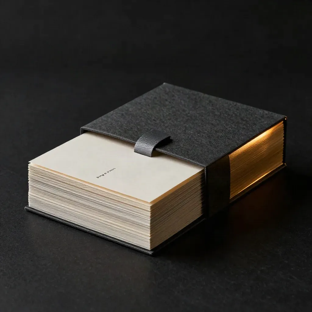 Open brand message kit with cream cards, tabs, and a gold ribbon on black stone.