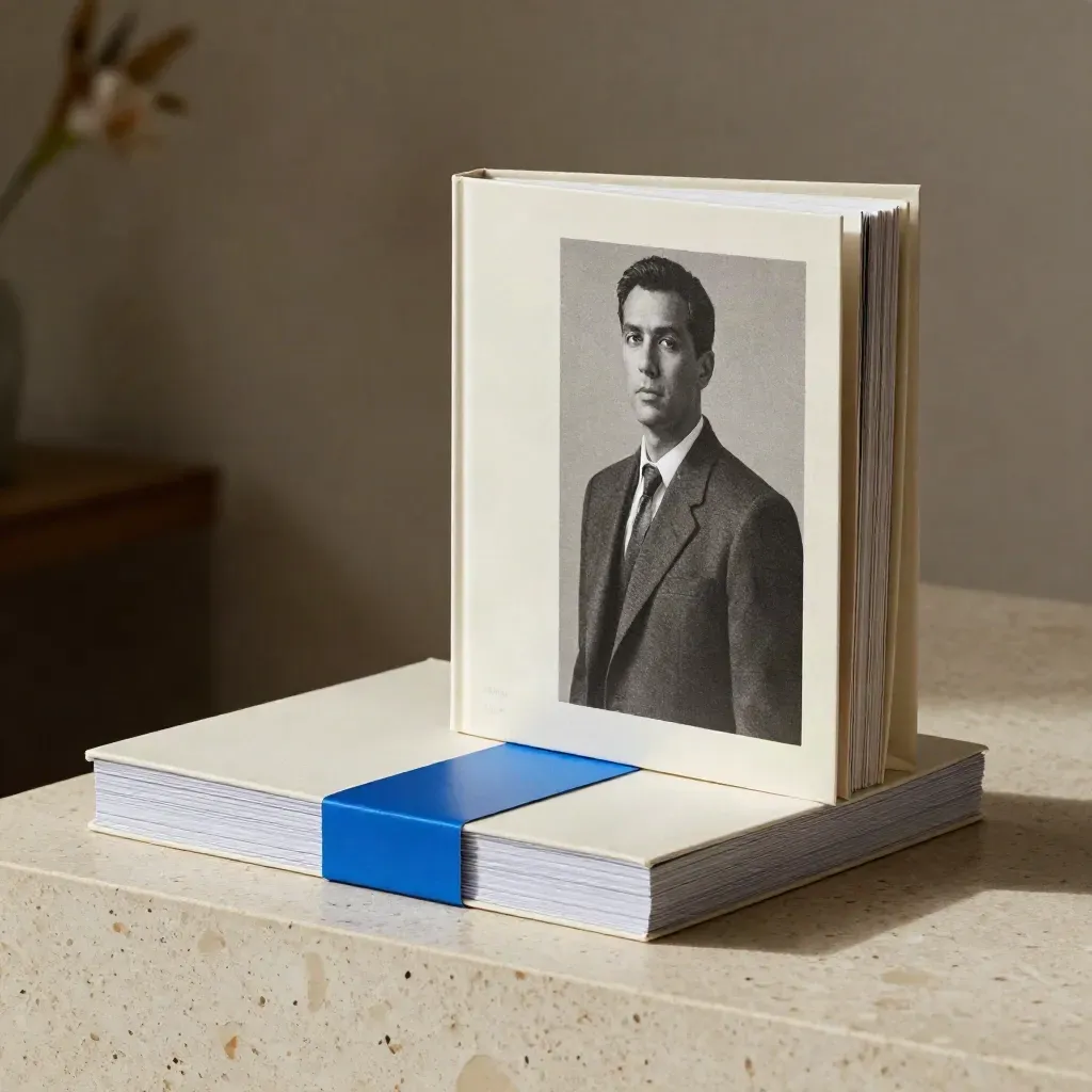 Premium launch bundle of strategy folios and deck on travertine with electric blue accent
