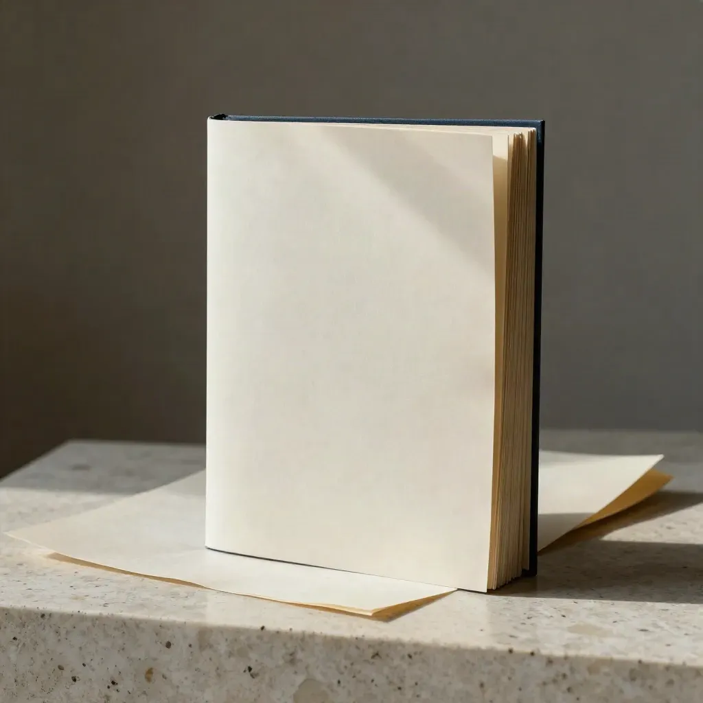 Upright matte dossier with translucent divider on travertine, softly lit against a dark haze