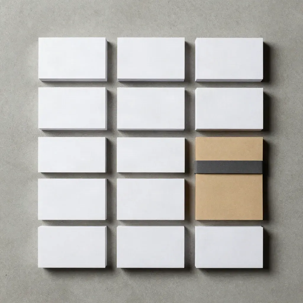 Overhead flatlay of blank lead-list cards, clipped stack, and paper band on concrete.