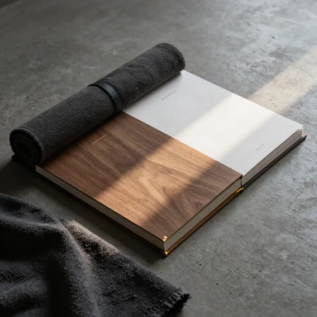 Overhead flatlay of a premium sales deck folio, cloth wrap, and stacked inserts on concrete