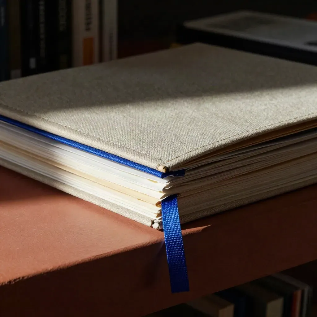 Macro of an open cloth-bound brand guide with weave, blue ribbon, and paper swatches.