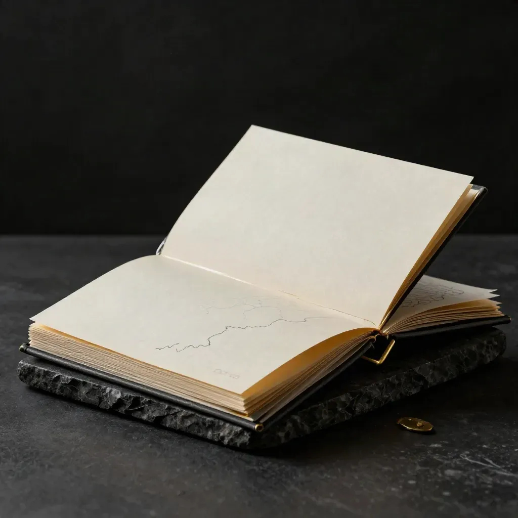Moody studio shot of a GCC entry notes dossier with folded maps and a brass clip on dark stone.