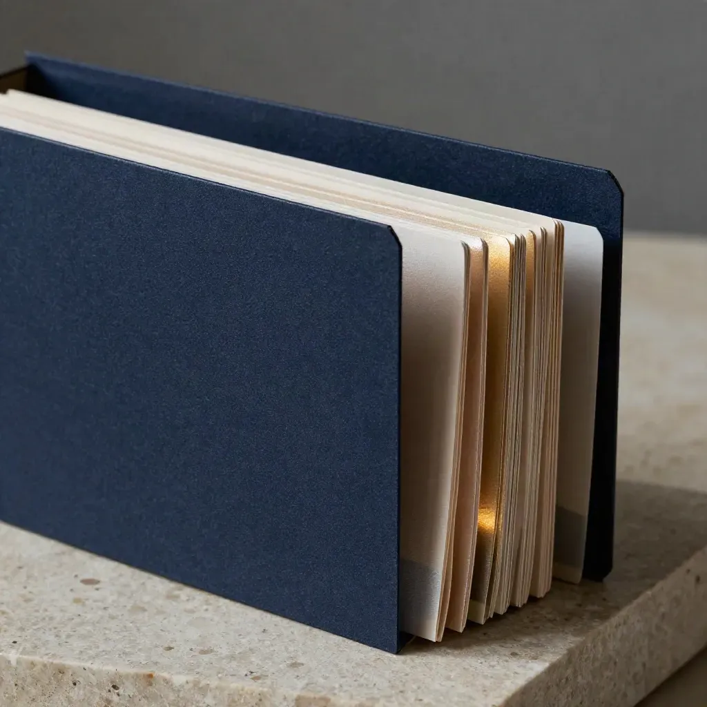 Close-up of a navy presentation sleeve with six tabbed inserts and a satin divider
