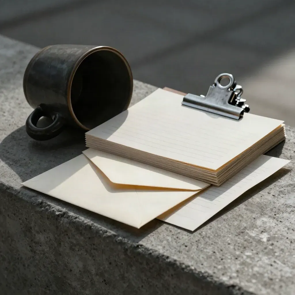 Macro pitch kit with papers, envelope, clip and cup on concrete.