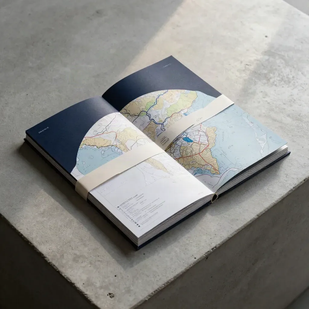 Overhead flatlay of a compact booklet, folded map slip, and navy paper band on pale concrete.