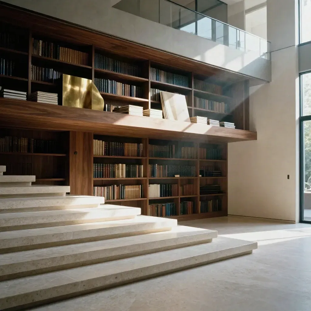 Sunlit strategy library with walnut shelving, stone steps and calm travertine floor for copy.