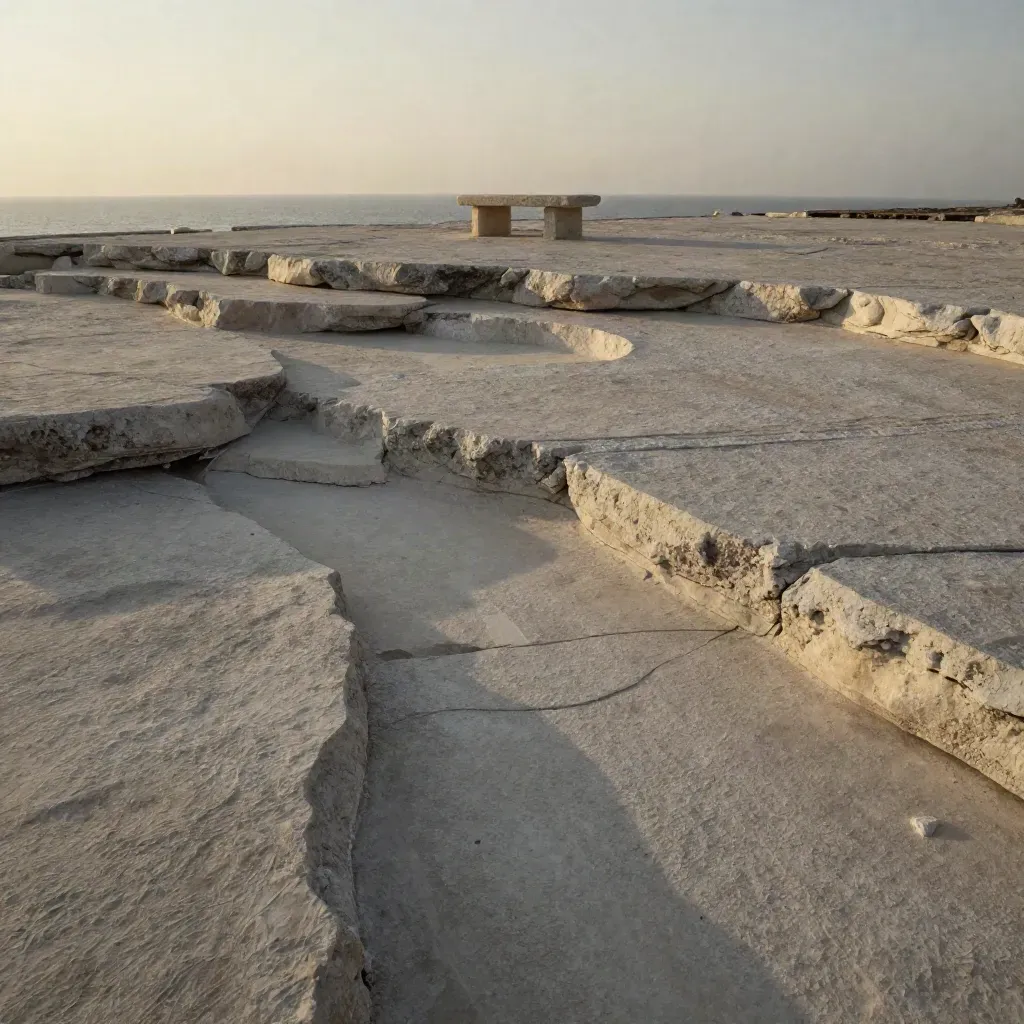 Sunlit limestone coastal terrace with a lone stone bench in warm golden haze