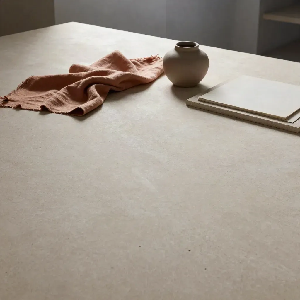 Brushed-stone surface with linen, ceramic vessel, and calm copy space in soft morning light.