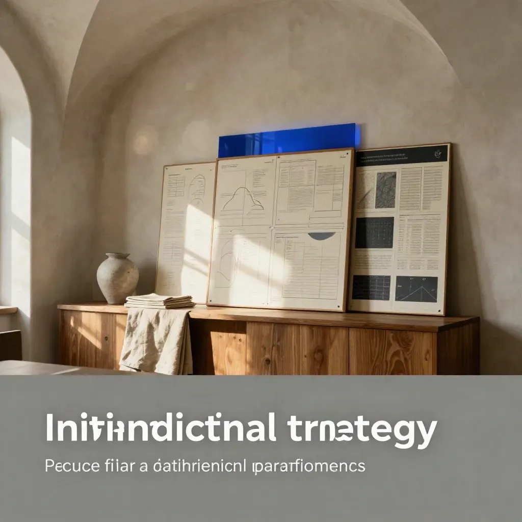 Warm plaster interior with timber console, vase, and soft strategic materials in hazy light.